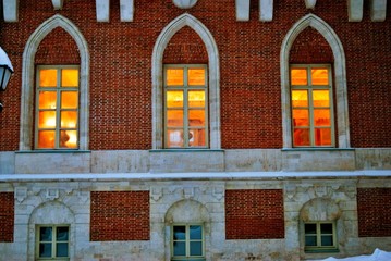 Architecture of Tsaritsyno public park in Moscow. Popular landmark.