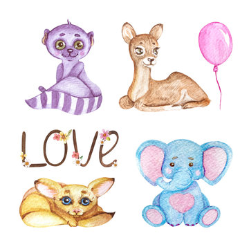 Watercolor cute animals. Cute fox baby, fawn, lemur, elephant, balloon, inscript illustration for children. Ideal for wallpapers, printing, packaging, invitations, baby shower, patterns, travel, logos