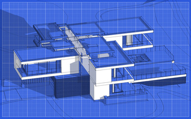 3d rendering sketch of modern cozy house with garage for sale or rent. Graphics black line sketch with white spot on blueprint background.