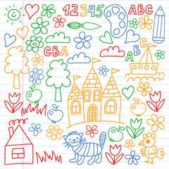Kindergarten pattern, drawn kids garden elements pattern, doodle drawing, vector illustration, colorful. line.