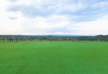 Fototapeta na wymiar Green artificial grass field on rooftop of hotel with natural view