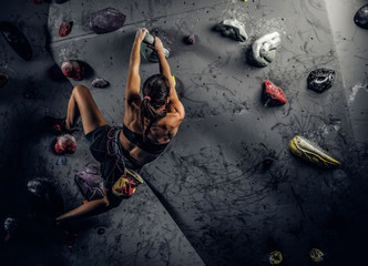 Back view of a young sporty woman climbing on practical rock wall indoors  - obrazy, fototapety, plakaty