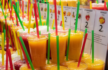 Tasty fruit Juice in ice smoothies at the Boqueria market in Barcelona