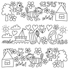 Kindergarten pattern, drawn kids garden elements pattern, doodle drawing, vector illustration, monochrome, black, white.