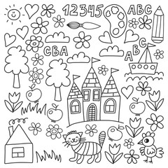 Fototapeta na wymiar Kindergarten pattern, drawn kids garden elements pattern, doodle drawing, vector illustration, monochrome, black, white.