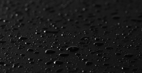 Water droplets on black background and texture, macro and side view