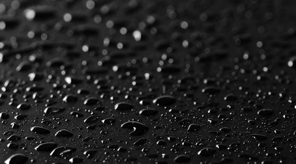 Water droplets on black background and texture, macro and side view