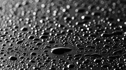 Water droplets on black background and texture, macro and side view