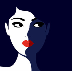 Young model woman with red lipstick  and dark blue background vector illustration poster.