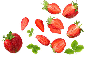 Strawberry with green leaf and slices isolated on white background. Healthy food. top view