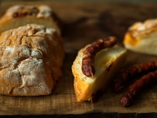 Ciabatta.Ciabatta Bread with sausage. homemade italian ciabatta bread top view. Bread with cheese.