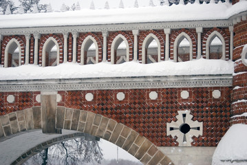 Architecture of Tsaritsyno park in Moscow.  Color winter photo.