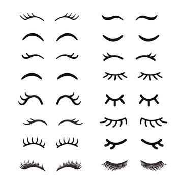 Set of cute cartoon eyelashes. Open and closed hand drawing eyes. Isolated on white.