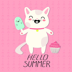white cat cute character with the words hello summer on a pink background. sweets