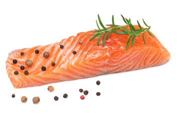 Red fish. Raw salmon fillet with rosemary isolate on white background.