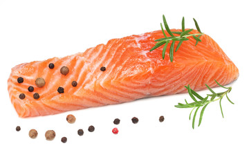 Red fish. Raw salmon fillet with rosemary isolate on white background.