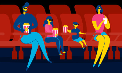 Family in Cinema Watching 3d Movie Have Popcorn.