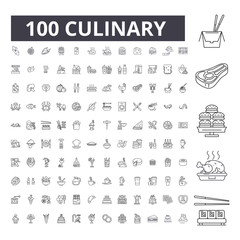 Culinary editable line icons, 100 vector set on white background. Culinary black outline illustrations, signs, symbols
