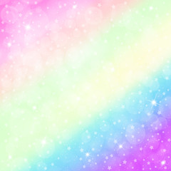 Unicorn background with rainbow mesh. Fantasy gradient. Holographic unicorn background with magic sparkles, stars and blurs