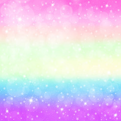 Unicorn background with rainbow mesh. Fantasy gradient. Holographic unicorn background with magic sparkles, stars and blurs