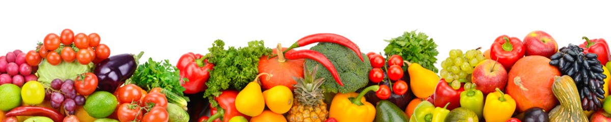 Collection fresh fruits and vegetables isolated on white background. Panoramic collage. Wide photo