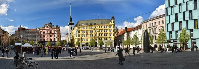 April 16, 2017, the city of Brno - Czech Republic - Europe. City Center - Freedom Square. The plague column (Marian) and the Brno clock - astronomical clock.