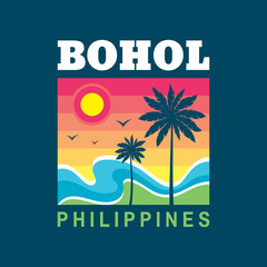 Bohol Philippines - vector illustration concept in retro vintage graphic style for t-shirt and other print production. Palms, sun, beach, sea wave. Badge logo design. Summer travel vacation. Paradise.