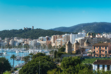 Panoramic view of the sea port and Bellver castle in Palma de Mallorca, Balearic islands, Spain