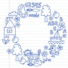 Kindergarten pattern, drawn kids garden elements pattern, doodle drawing, vector illustration, monochrome, line, blue.
