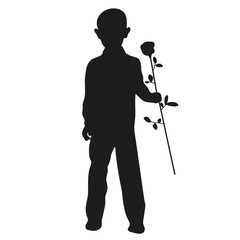 Vector silhouette of little boy with rose on white background.