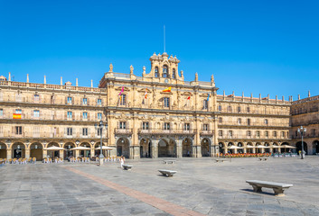 People are strolling through Plaza Mayor at Salamanca, Spain - obrazy, fototapety, plakaty