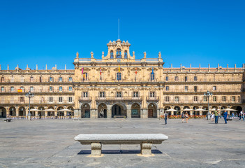 People are strolling through Plaza Mayor at Salamanca, Spain