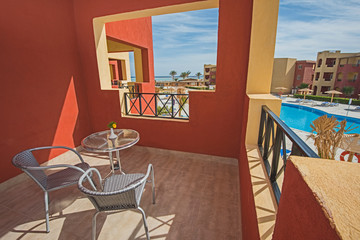 View from balcony of luxury tropical hotel resort room