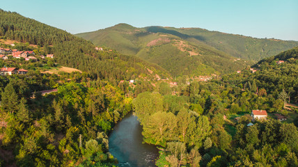 aerial view of a river in Bulgaria between mountains. Picture by drone