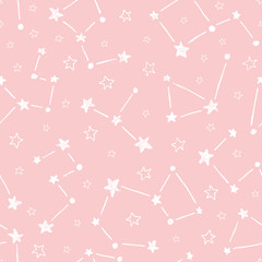 Hand drawn doodle constellations on pink background vector seamless pattern. Cute stars baby print
