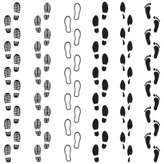 Foot trail, icon set. Shoes imprints, male, female, barefoot, silhouette. Abstract concept. Vector illustration on white background.
