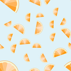 Obraz premium Orange slices on light blue background. Citrus fruit seamless vector pattern.