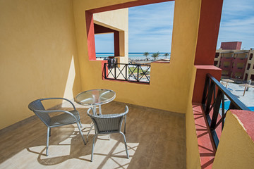 View from balcony of luxury tropical hotel resort room