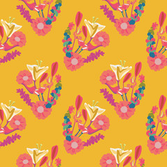 Colorful flowers in the vibrant colors of Mexico create this pretty and dynamic seamless repeat pattern. Perfect for spring and summer occasions, textiles, gift wrapping paper and home decor use.