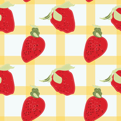Retro chic seamless pattern of bright red strawberries on a white and yellow gingham check. 1950s style vector , great for restaurants, bakeries, textiles, home decor, paper and graphic design use.