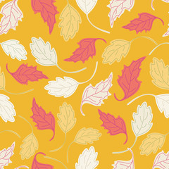 Pretty, tossed, hand drawn leaves in bright summer colors. Seamless repeating pattern. Multi direction for textiles, stationery, gift wrapping paper, home decor and graphic design. Vector.