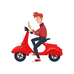 Foto op Plexiglas Young man sitting on a scooter and see the phone. Isolated cartoon vector illustration © Magicnolia