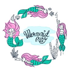 Set of beautiful mermaids with pink hair. Vector illustrations.