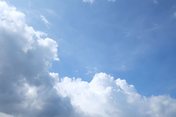 White fluffy clouds with blue sky and sun light for background texture 