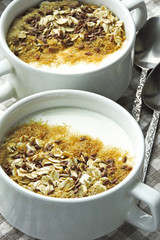 Healthy breakfast with white yogurt or kefir, bran, oatmeal and flaxseeds. Eco food. Superfoods