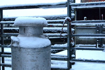 Traditional metal milk churn in front of farm gate with snow forming on the top.