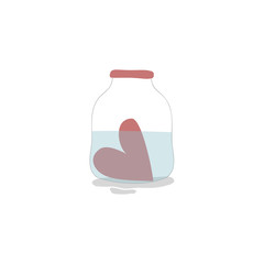 Vector illustration with cute red heart in the jar with water on white background. Romantic and funny hand drawn illustration perfect for cards, poster, scrapbooking or banners. Vector. Eps10