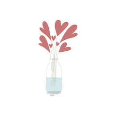 Vector illustration with cute red hearts and branches in the jar with water on white background. Romantic hand drawn illustration perfect for cards, poster, scrapbooking or banners. Vector. Eps10