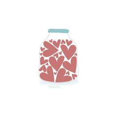 Vector illustration with cute red hearts  in the jar on white background. Romantic hand drawn illustration perfect for cards, poster, scrapbooking or banners. Vector. Eps10