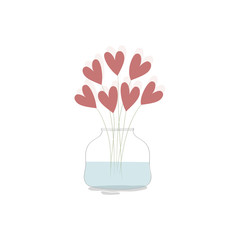 Vector illustration with cute red hearts and branches in the jar with water on white background. Romantic hand drawn illustration perfect for cards, poster, scrapbooking or banners. Vector. Eps10